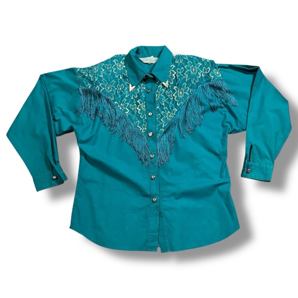 Vintage Lilia Smitty Western Shirt Womens Teal Fringed Cowgirl Blouse Size M